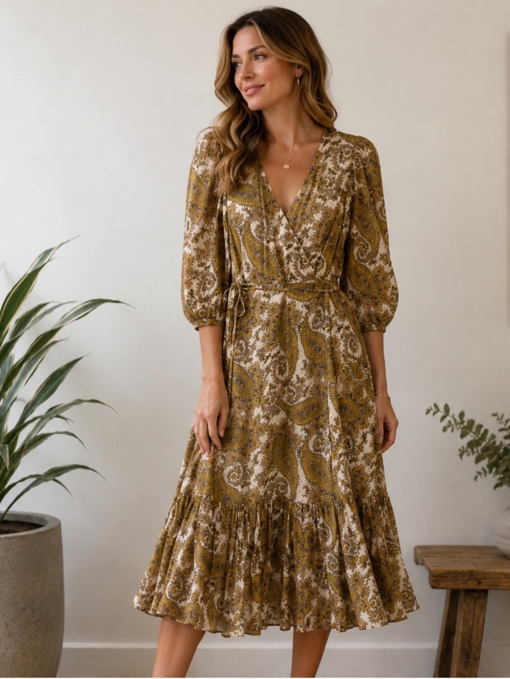MINKPINK Mustard Paisley Wrap Midi Dress